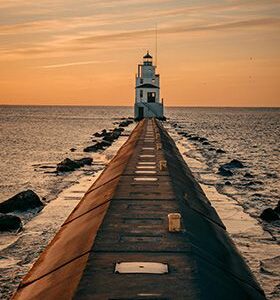 Lighthouse pier sunset HD Metal Poster